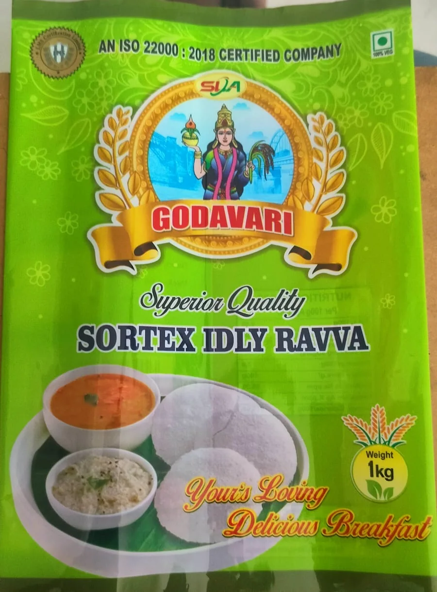 Godavari Superior Quality Sortex Idly Ravva 1 kg pack showing idly and chutney on the front