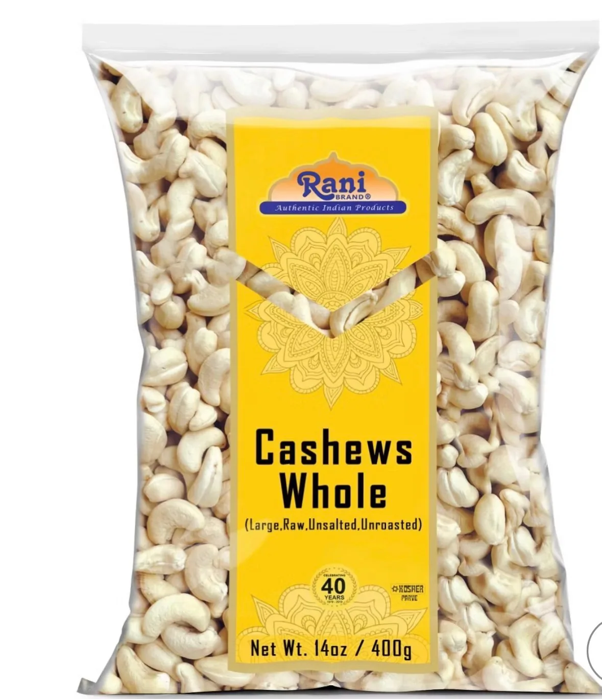 Wholesale retail pack of whole raw cashew nuts in a printed resealable pouch